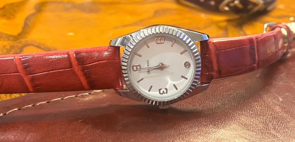 Women's 25mm Silver Tone Diamond Watch, Red Band